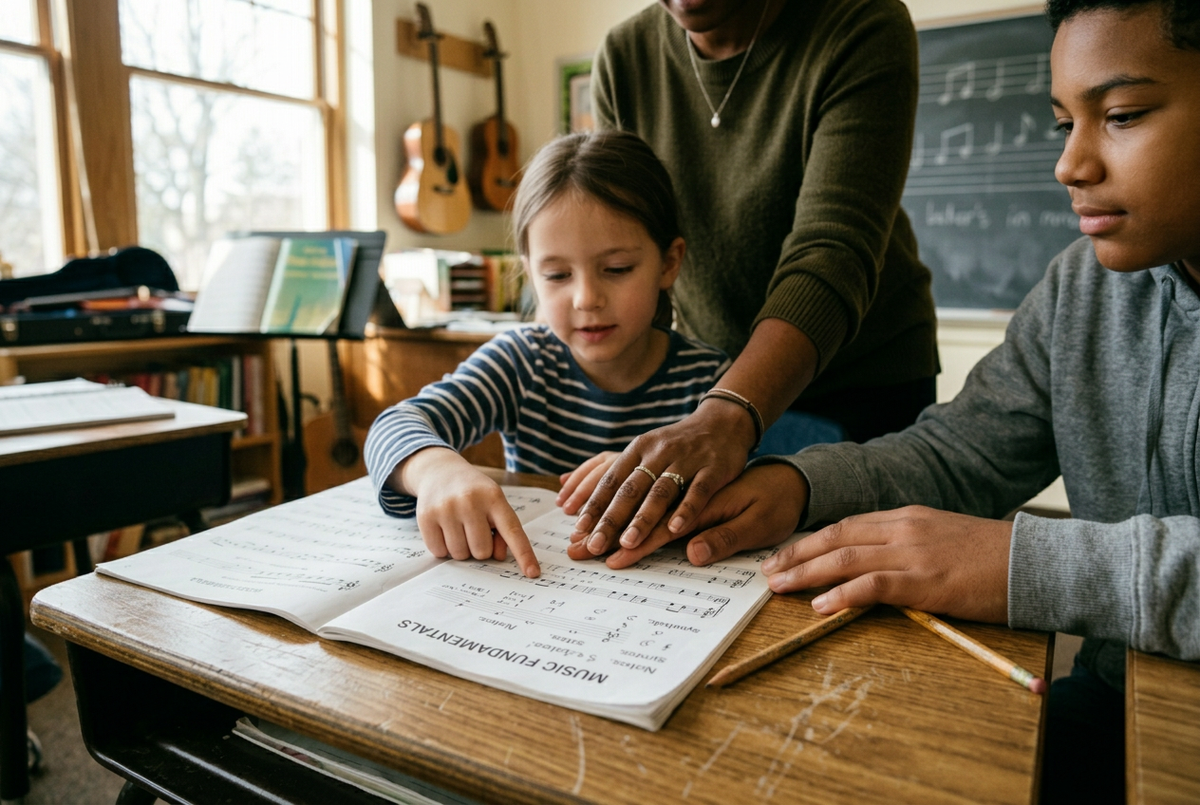 Students studying sheet music with a teacher in a sunlit classroom