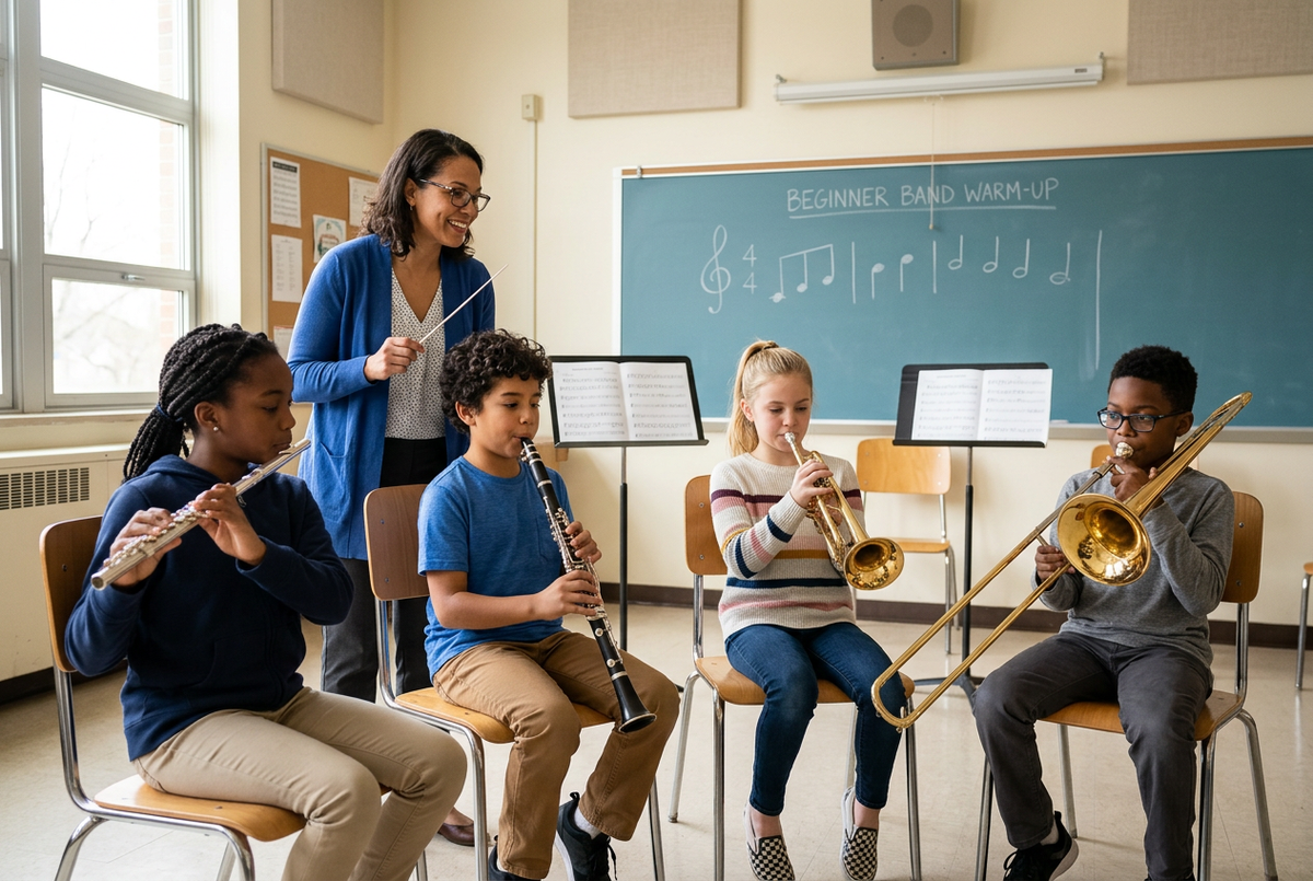 Ten-year-old students learning concert band instruments